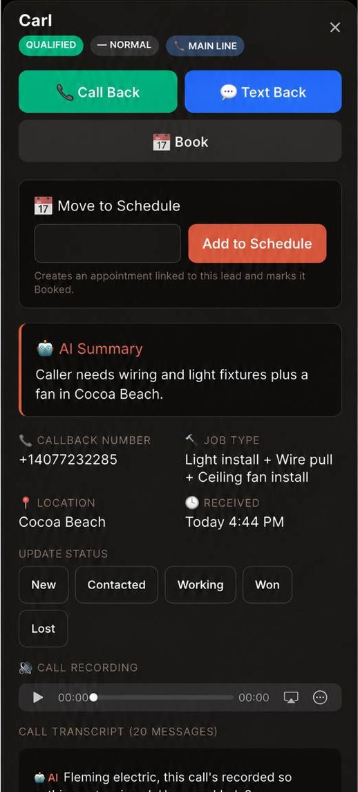 Call Den dashboard lead detail — Carl, qualified lead in Cocoa Beach, with AI summary, call back and text back actions, scheduling, status tracking, call recording, and transcript