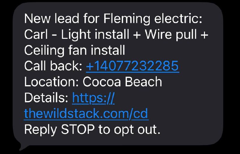 Call Den SMS lead alert — Carl, light install plus wire pull plus ceiling fan install in Cocoa Beach, with callback number and dashboard link